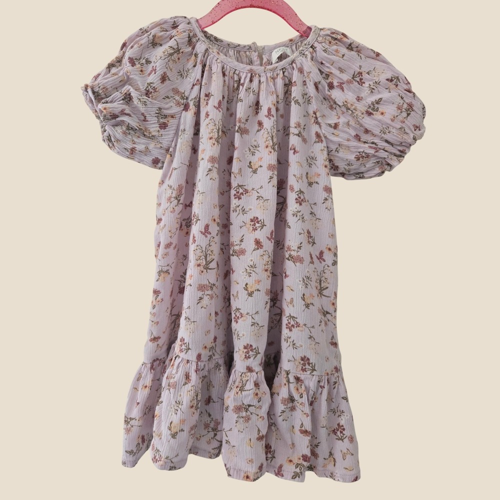 Next Girls Lavender Floral Puff Sleeve Tiered Ruffle Hem‎ Dress Size 5-6 Years
